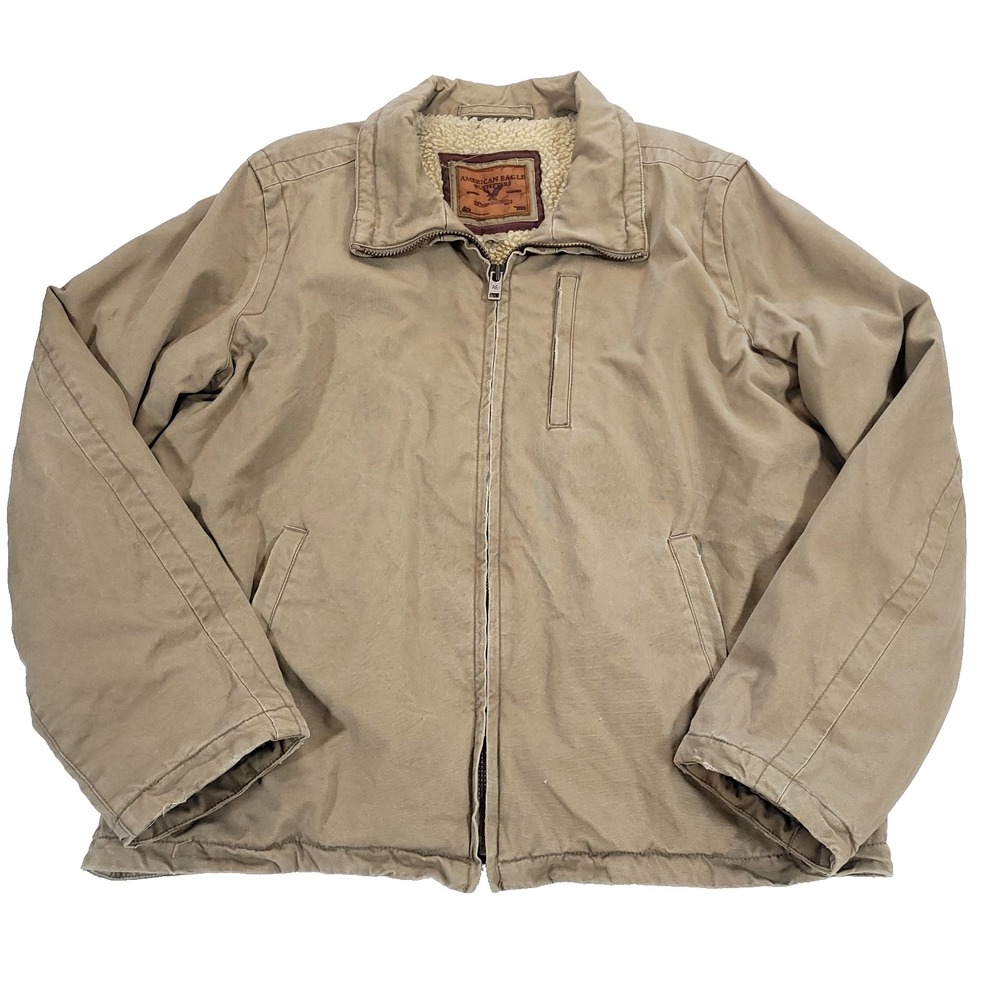 Vtg Sherpa Lined Canvas Chore Coat American Eagle XXL khaki preppy 2XL country